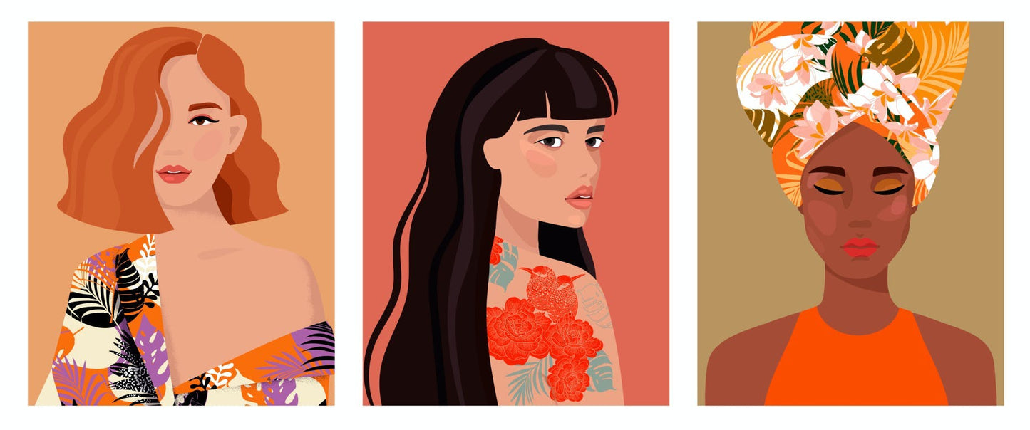 Illustration of 3 women with different skin tones and different profiles.